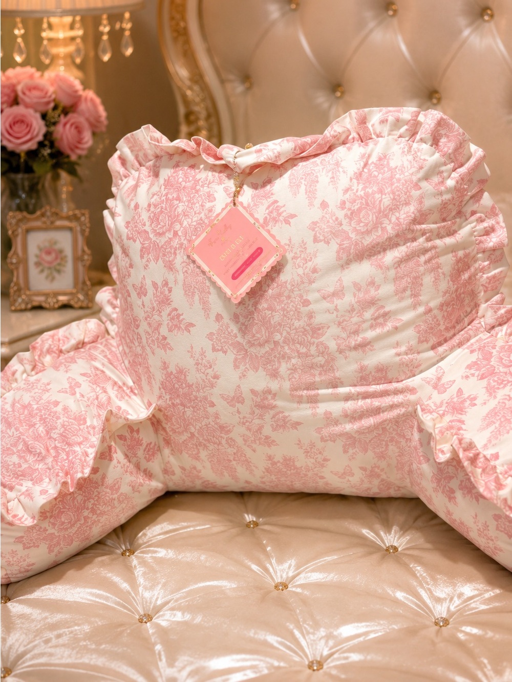 Romantic Pink Toile Heart Throw Pillow with Ruffle Trim